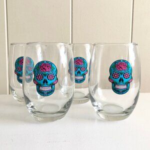 Aqua Blue Sugar Skull Stemless Wine Glasses